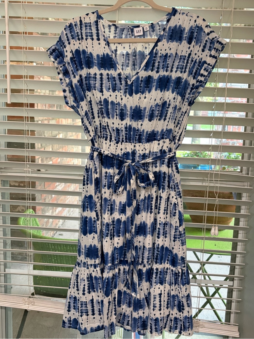 GAP Women's Blue & White Tie Dye Short Sleeve Sun Dress Cotton Rayon M  w/Belt